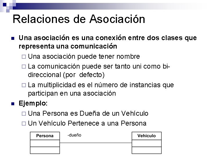 Relaciones de Asociación n n Una asociación es una conexión entre dos clases que Relaciones de Asociación n n Una asociación es una conexión entre dos clases que