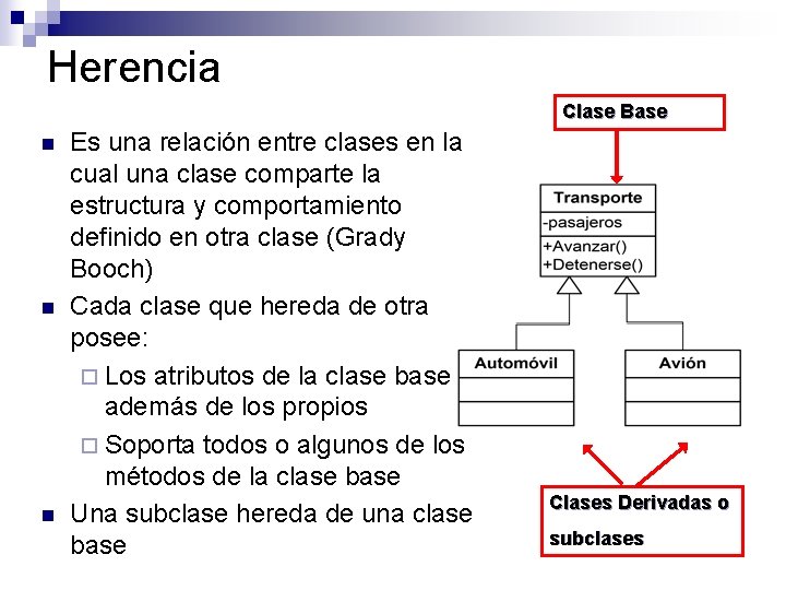 Herencia Clase Base n n n Es una relación entre clases en la cual Herencia Clase Base n n n Es una relación entre clases en la cual