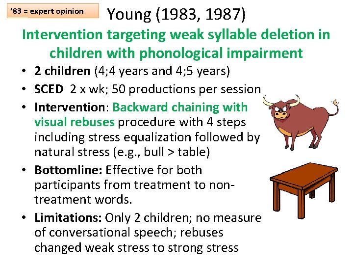 ‘ 83 = expert opinion Young (1983, 1987) Intervention targeting weak syllable deletion in