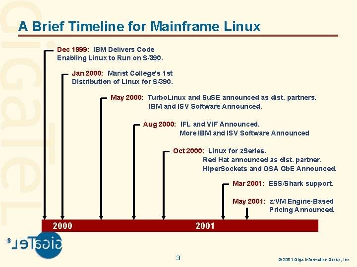 A Brief Timeline for Mainframe Linux Dec 1999: IBM Delivers Code Enabling Linux to