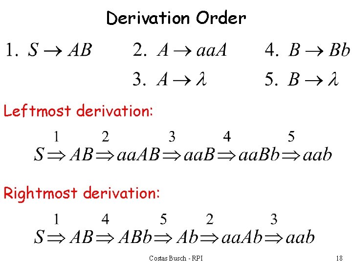 Derivation Order Leftmost derivation: Rightmost derivation: Costas Busch - RPI 18 