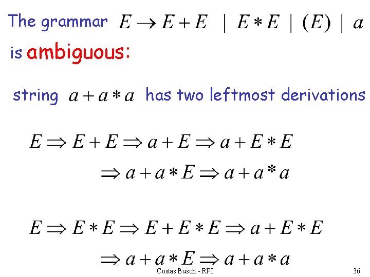 The grammar is ambiguous: string has two leftmost derivations Costas Busch - RPI 36