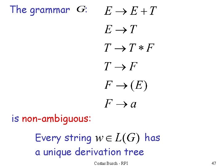 The grammar : is non-ambiguous: Every string has a unique derivation tree Costas Busch