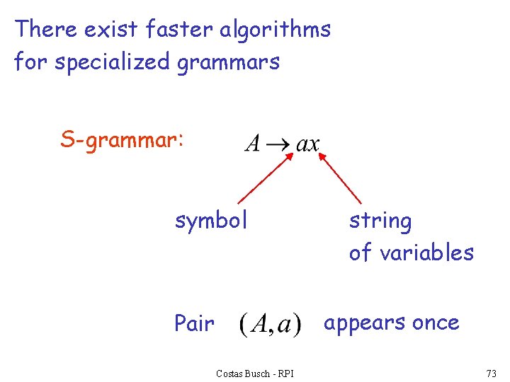 There exist faster algorithms for specialized grammars S-grammar: symbol string of variables appears once