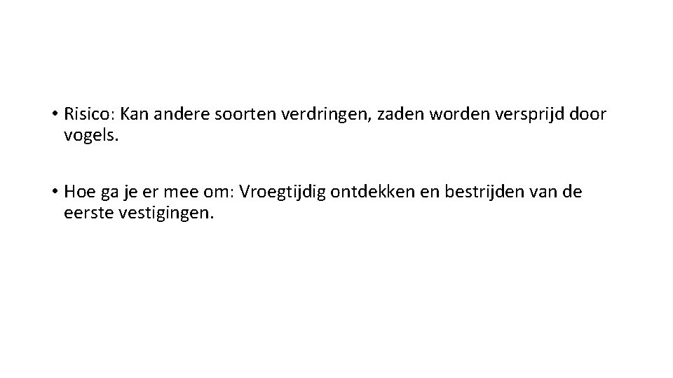  • Risico: Kan andere soorten verdringen, zaden worden versprijd door vogels. • Hoe