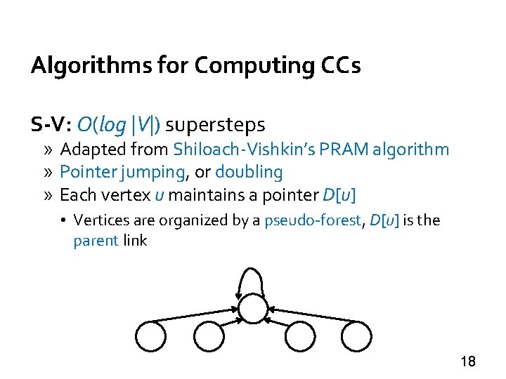 Algorithms for Computing CCs S-V: O(log |V|) supersteps » Adapted from Shiloach-Vishkin’s PRAM algorithm