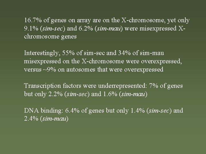 16. 7% of genes on array are on the X-chromosome, yet only 9. 1%