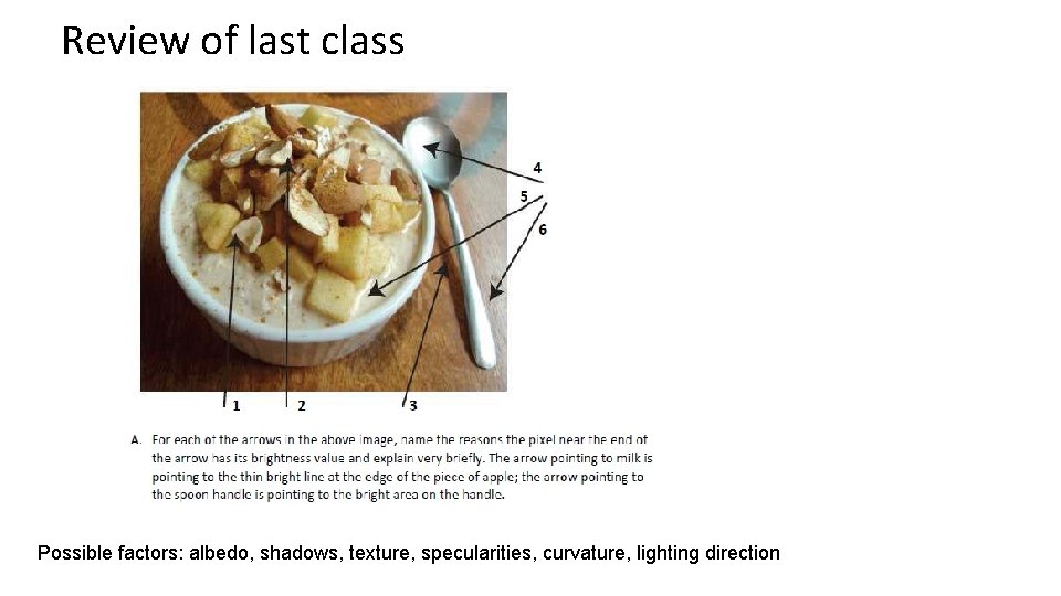 Review of last class Possible factors: albedo, shadows, texture, specularities, curvature, lighting direction 