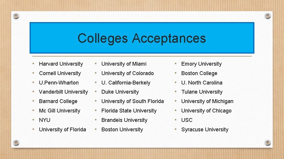 Colleges Acceptances • Harvard University • University of Miami • Emory University • Cornell