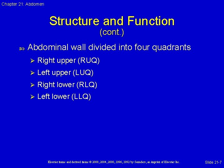 Chapter 21: Abdomen Structure and Function (cont. ) Abdominal wall divided into four quadrants