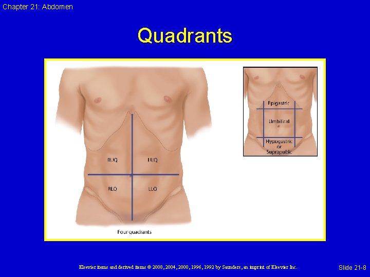 Chapter 21: Abdomen Quadrants Elsevier items and derived items © 2008, 2004, 2000, 1996,