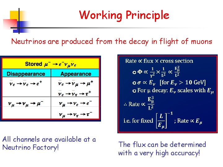 Working Principle Neutrinos are produced from the decay in flight of muons All channels