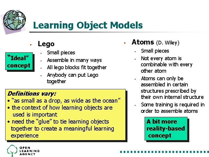 Learning Object Models § “Ideal” concept Lego § § Small pieces Assemble in many Learning Object Models § “Ideal” concept Lego § § Small pieces Assemble in many
