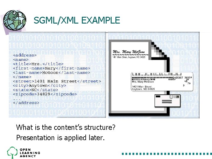 SGML/XML EXAMPLE What is the content’s structure? Presentation is applied later. SGML/XML EXAMPLE What is the content’s structure? Presentation is applied later.