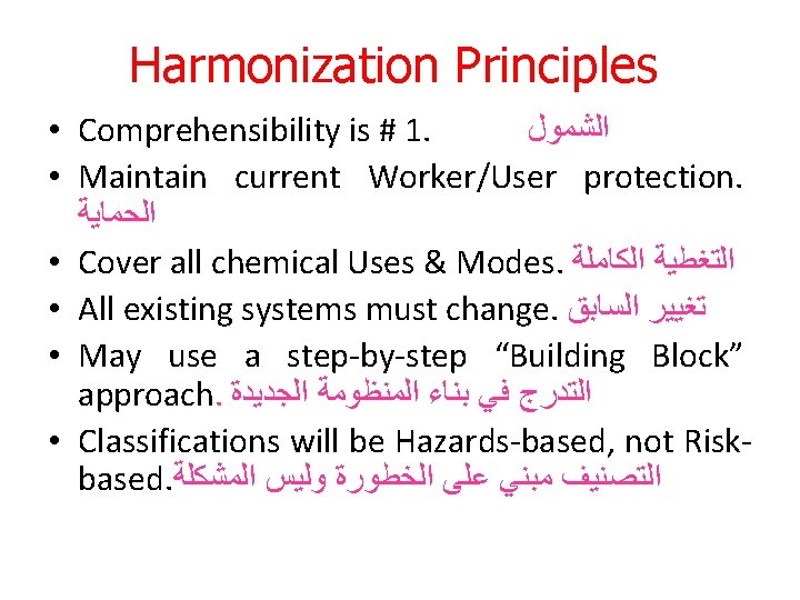 Harmonization Principles • Comprehensibility is # 1. ﺍﻟﺸﻤﻮﻝ • Maintain current Worker/User protection. ﺍﻟﺤﻤﺎﻳﺔ