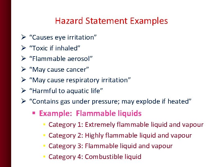 Hazard Statement Examples Ø Ø Ø Ø “Causes eye irritation” “Toxic if inhaled” “Flammable