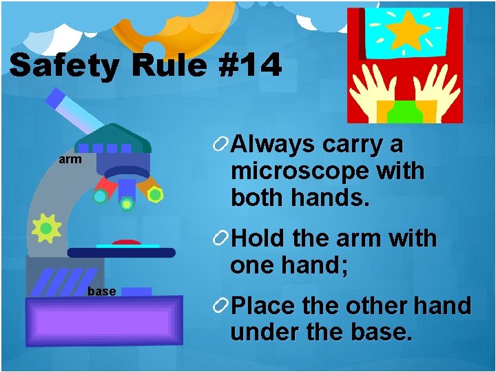 Safety Rule #14 Always carry a microscope with both hands. arm Hold the arm