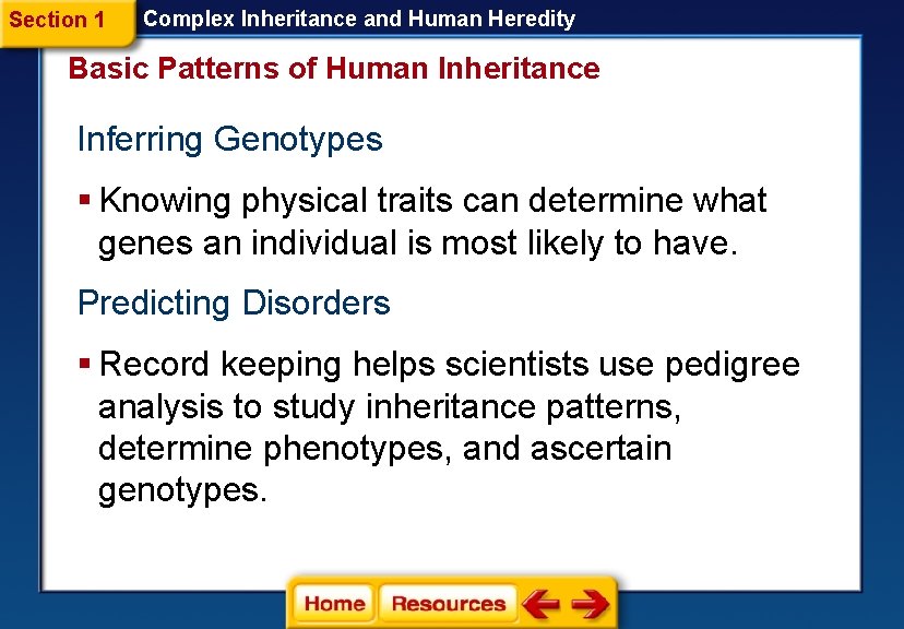 Section 1 Complex Inheritance and Human Heredity Basic Patterns of Human Inheritance Inferring Genotypes
