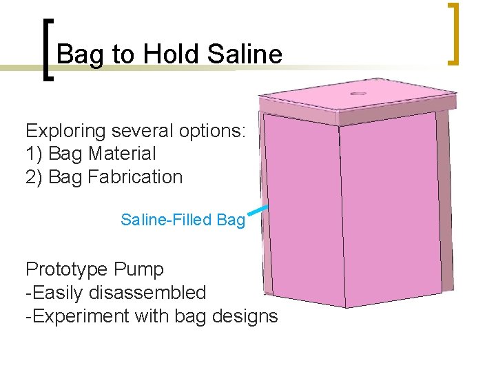 Bag to Hold Saline Exploring several options: 1) Bag Material 2) Bag Fabrication Saline-Filled