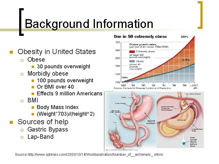 Background Information n Obesity in United States ¡ Obese n ¡ Morbidly obese n