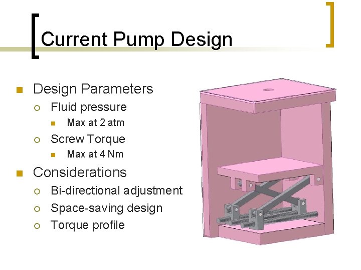 Current Pump Design n Design Parameters ¡ Fluid pressure n ¡ Screw Torque n