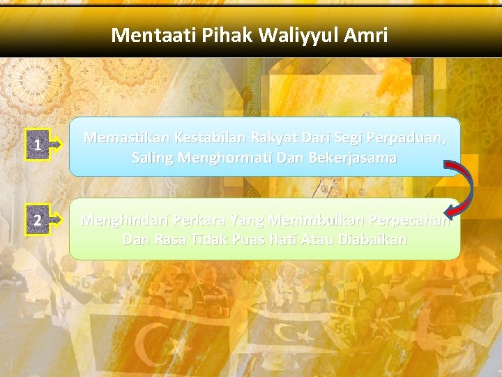 Mentaati Pihak Waliyyul Amri 1 Memastikan Kestabilan Rakyat Dari Segi Perpaduan, Saling Menghormati Dan