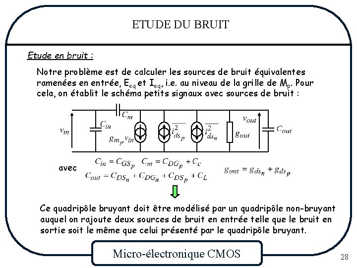 ETUDE DU BRUIT Etude en bruit : Notre problème est de calculer les sources