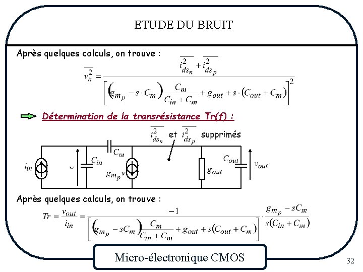 ETUDE DU BRUIT Après quelques calculs, on trouve : Détermination de la transrésistance Tr(f)