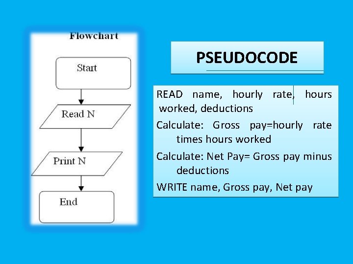 PSEUDOCODE READ name, hourly rate, hours worked, deductions Calculate: Gross pay=hourly rate times hours