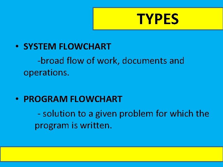 TYPES • SYSTEM FLOWCHART -broad flow of work, documents and operations. • PROGRAM FLOWCHART