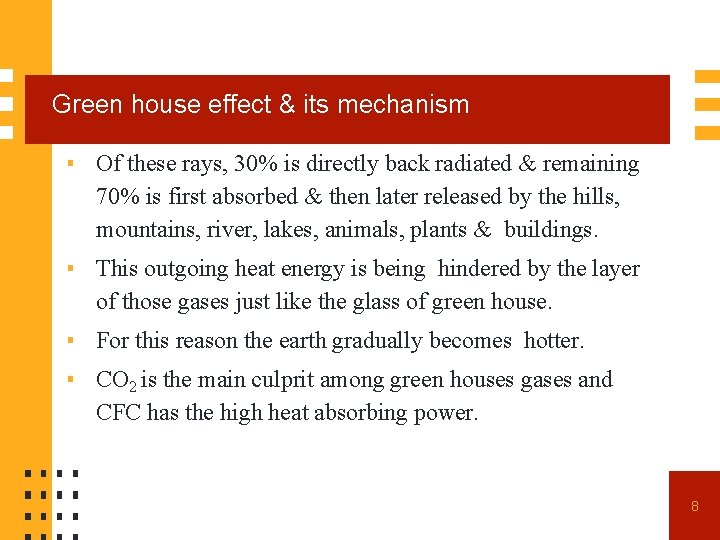 Green house effect & its mechanism ▪ Of these rays, 30% is directly back