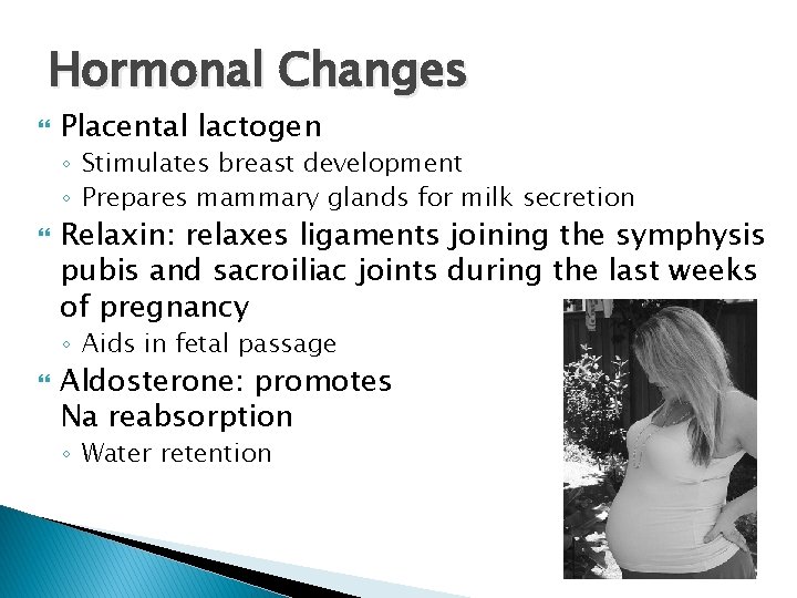 Hormonal Changes Placental lactogen ◦ Stimulates breast development ◦ Prepares mammary glands for milk