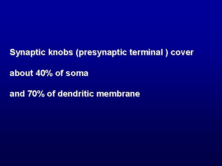 Synaptic knobs (presynaptic terminal ) cover about 40% of soma and 70% of dendritic