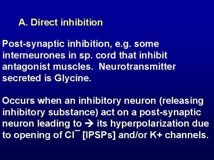 A. Direct inhibition Post-synaptic inhibition, e. g. some interneurones in sp. cord that inhibit