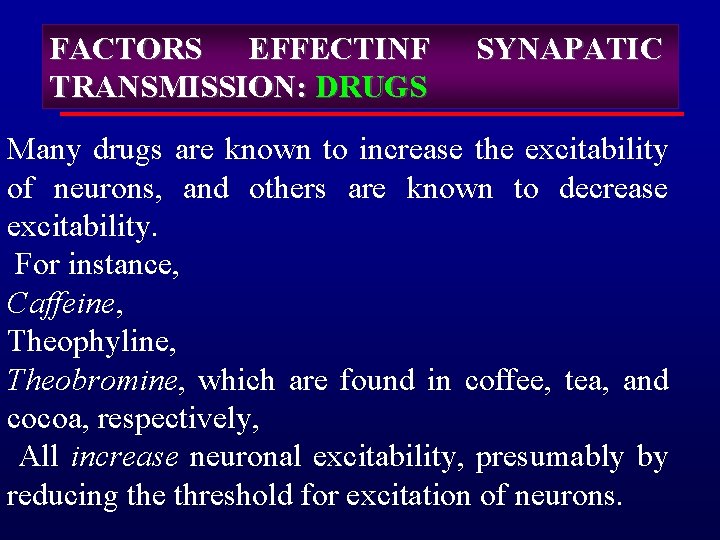 FACTORS EFFECTINF TRANSMISSION: DRUGS SYNAPATIC Many drugs are known to increase the excitability of