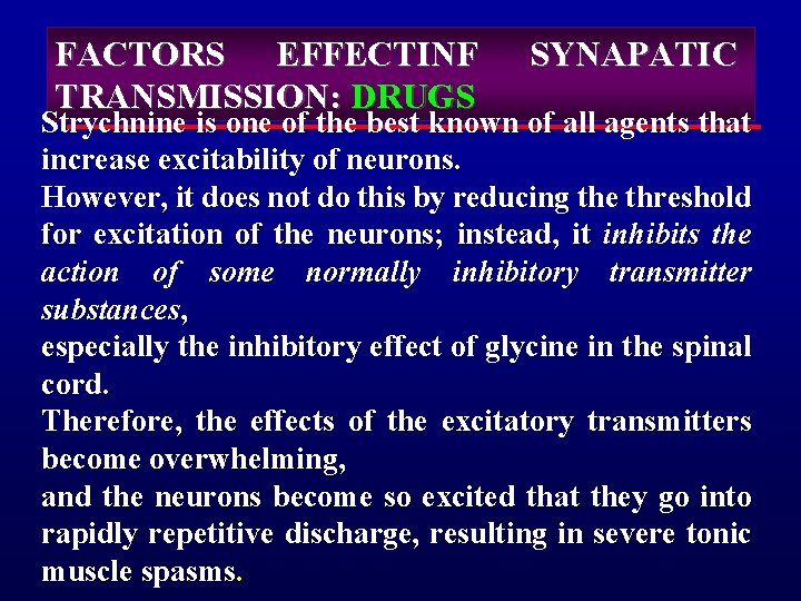 FACTORS EFFECTINF TRANSMISSION: DRUGS SYNAPATIC Strychnine is one of the best known of all