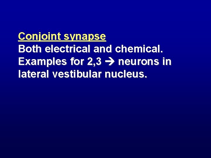 Conjoint synapse Both electrical and chemical. Examples for 2, 3 neurons in lateral vestibular