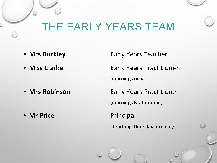 THE EARLY YEARS TEAM • Mrs Buckley Early Years Teacher • Miss Clarke Early
