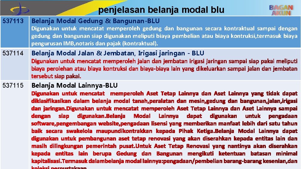 penjelasan belanja modal blu 537113 Belanja Modal Gedung & Bangunan-BLU Digunakan untuk mencatat memperoleh