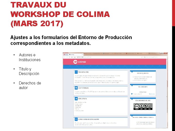 TRAVAUX DU WORKSHOP DE COLIMA (MARS 2017) Ajustes a los formularios del Entorno de