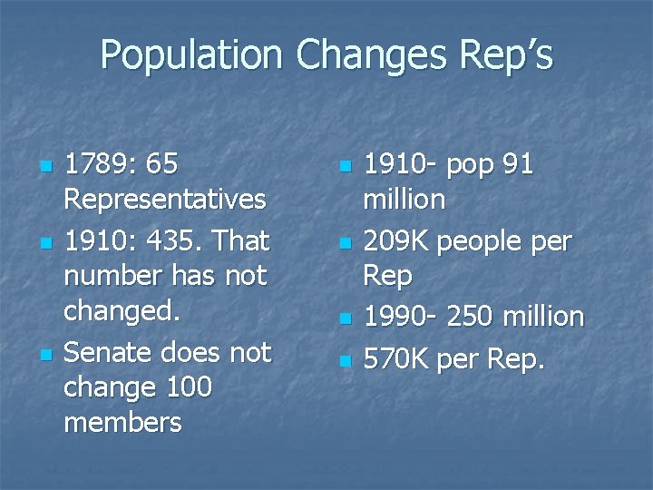 Population Changes Rep’s n n n 1789: 65 Representatives 1910: 435. That number has