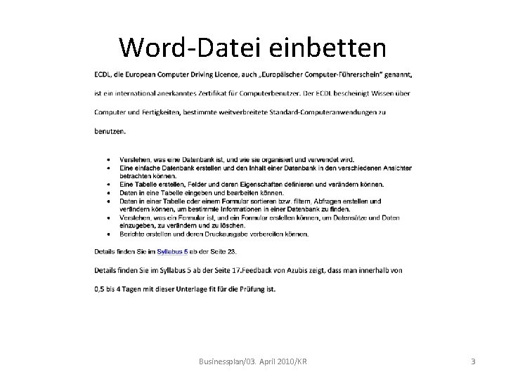 Word-Datei einbetten Businessplan/03. April 2010/KR 3 