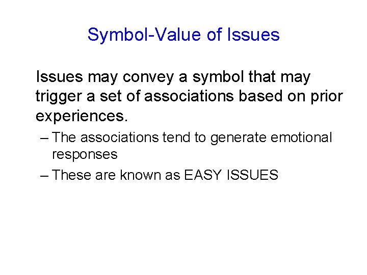 Symbol-Value of Issues may convey a symbol that may trigger a set of associations