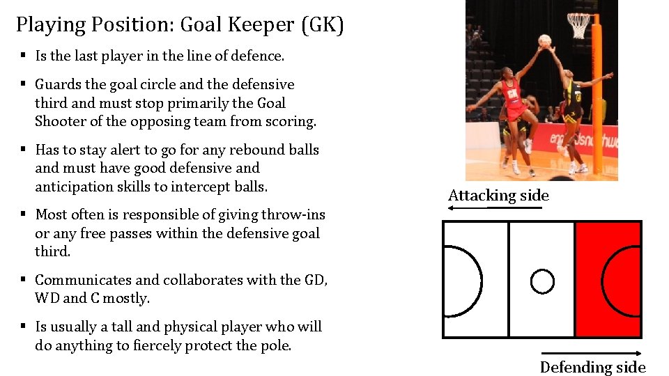 Playing Position: Goal Keeper (GK) § Is the last player in the line of Playing Position: Goal Keeper (GK) § Is the last player in the line of