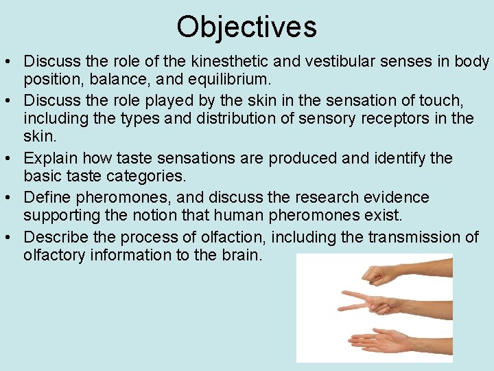 Objectives • Discuss the role of the kinesthetic and vestibular senses in body position,