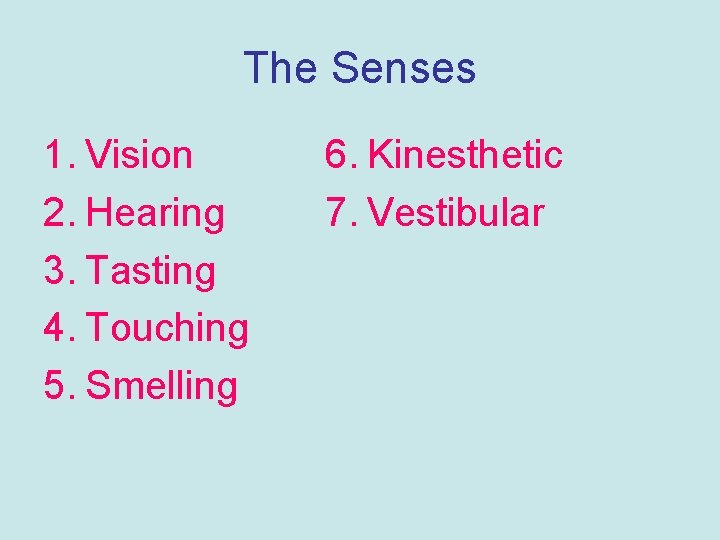 The Senses 1. Vision 2. Hearing 3. Tasting 4. Touching 5. Smelling 6. Kinesthetic