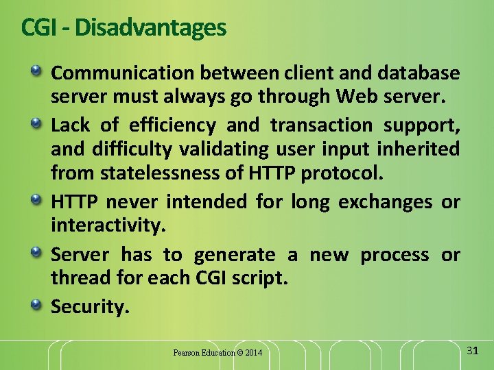 CGI - Disadvantages Communication between client and database server must always go through Web