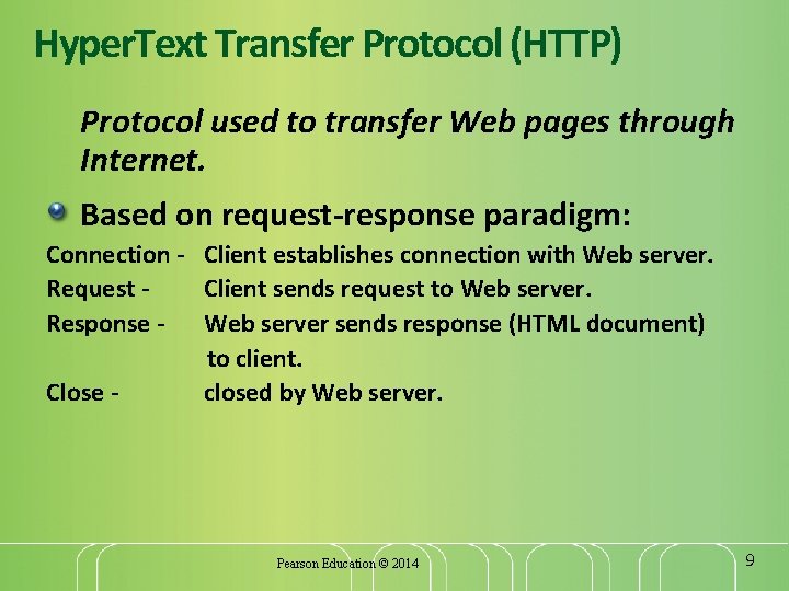 Hyper. Text Transfer Protocol (HTTP) Protocol used to transfer Web pages through Internet. Based