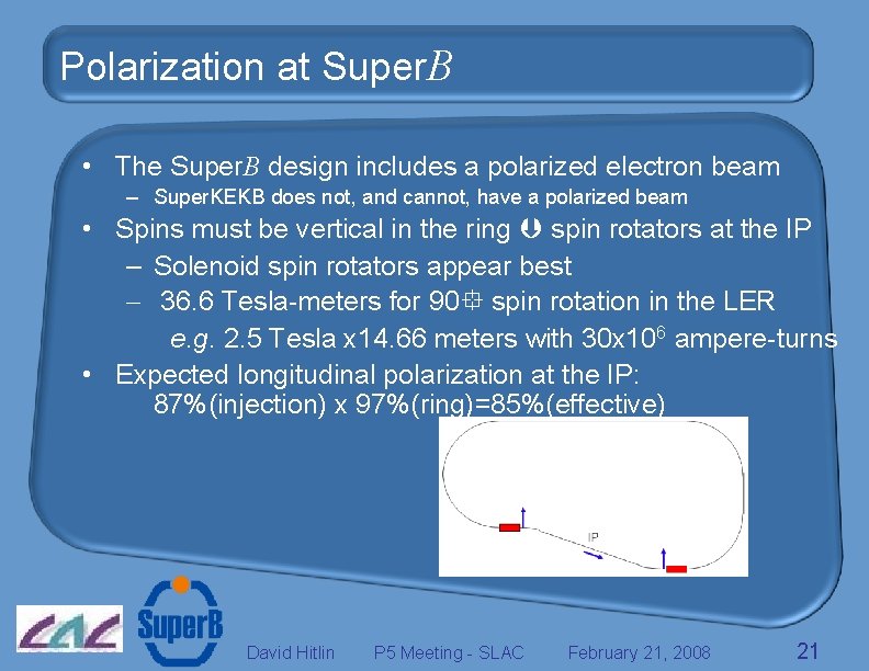 Polarization at Super. B • The Super. B design includes a polarized electron beam