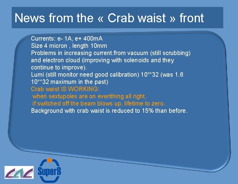 News from the « Crab waist » front Currents: e- 1 A, e+ 400